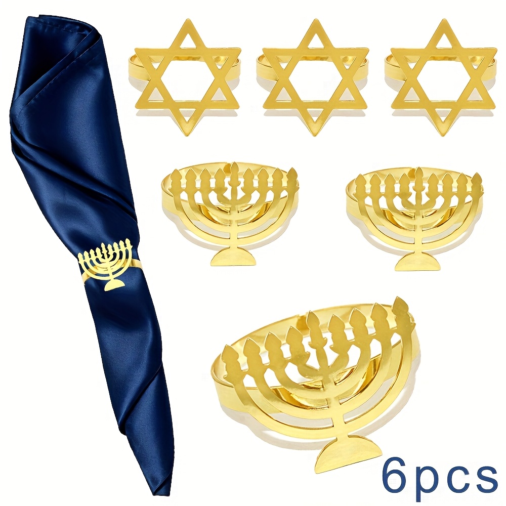 Food Snacks At Home - 6Pcs Hanukkah Menorah Napkin Rings Gold